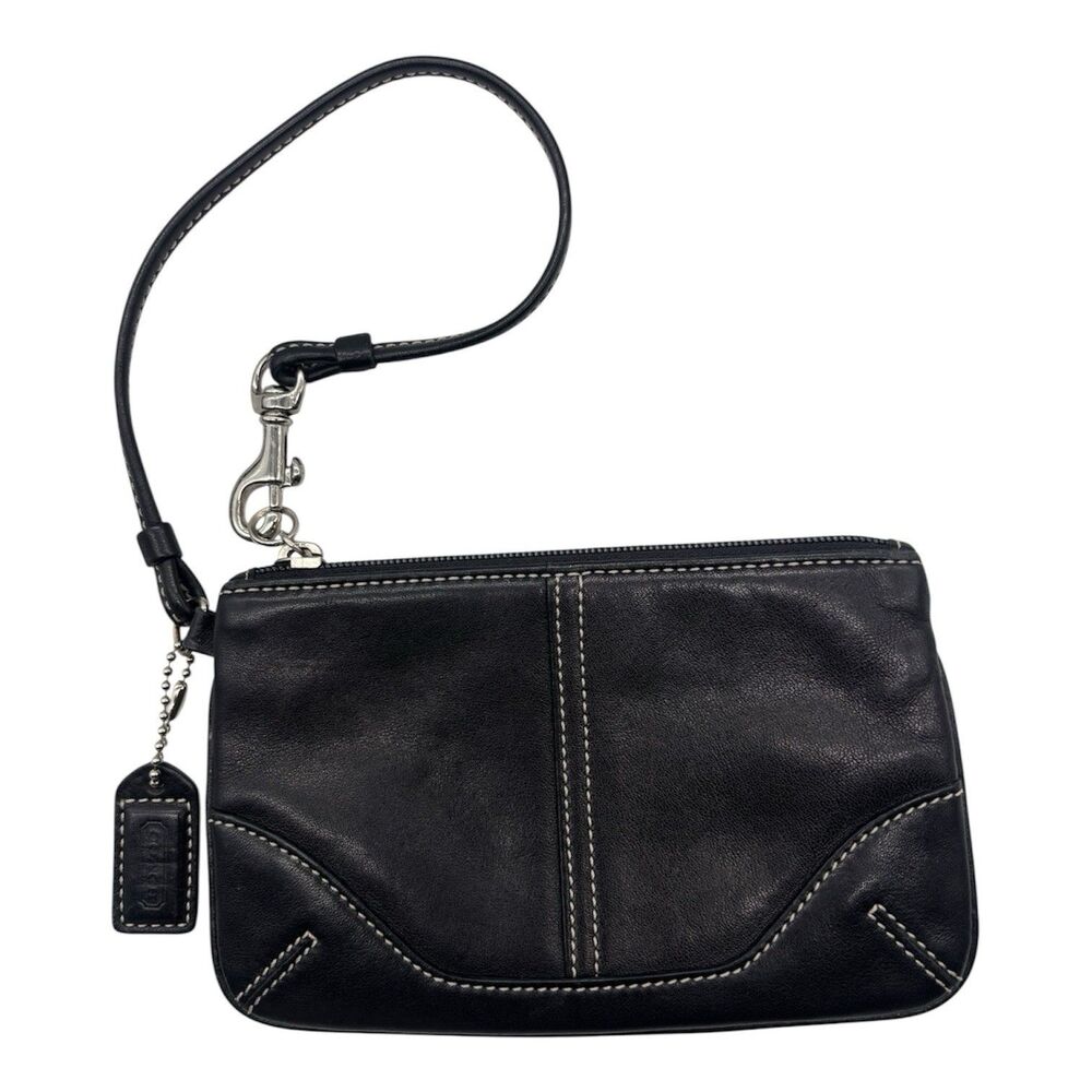 Coach Black Cross Stiched Leather Small Wristlet Wallet Coin Purse